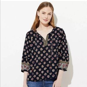 NWT LOFT Size M Bloom Split Neck Blouse Navy Boho